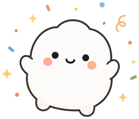 Suzu, a round cloud-like mascot, cheering with confetti